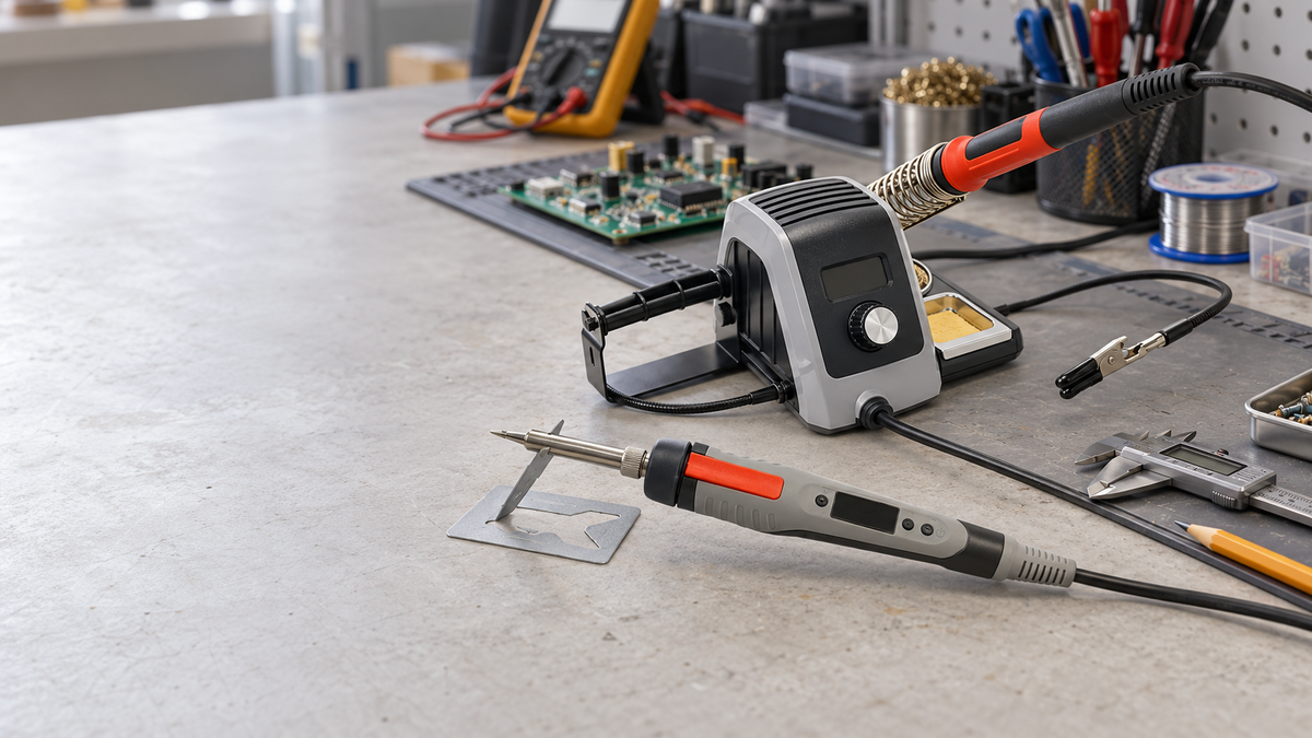 Kopen soldering tools and station arranged on an electronics workbench